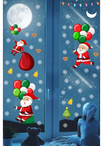 Balonla Uçan Noel Babalar ve Kar Taneleri Yılbaşı Pencere Sticker