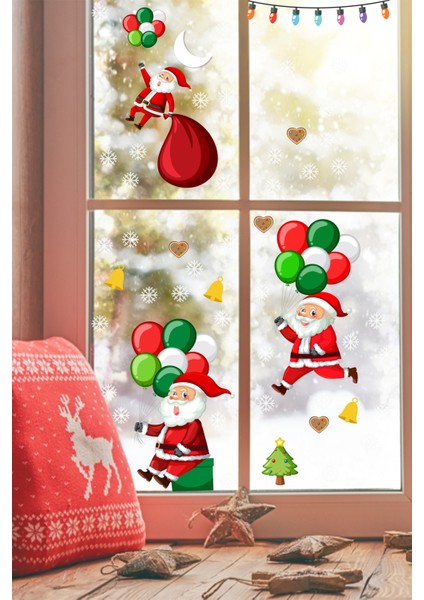 Balonla Uçan Noel Babalar ve Kar Taneleri Yılbaşı Pencere Sticker