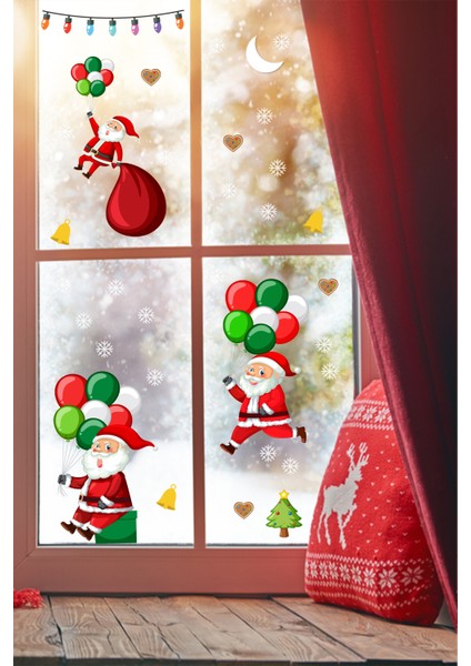 Balonla Uçan Noel Babalar ve Kar Taneleri Yılbaşı Pencere Sticker