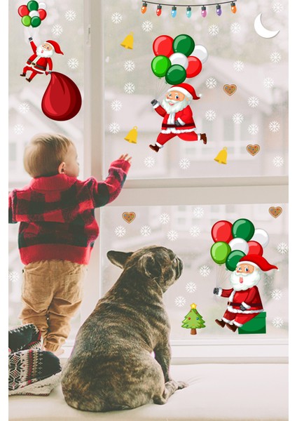 Balonla Uçan Noel Babalar ve Kar Taneleri Yılbaşı Pencere Sticker