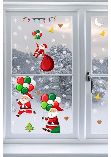 Balonla Uçan Noel Babalar ve Kar Taneleri Yılbaşı Pencere Sticker