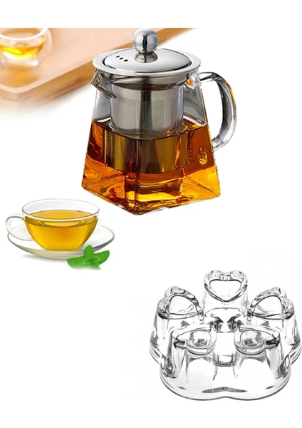 Borosilikat Cam Metal Süzgeçli ve Metal Kapaklı Piramit Demlik ve Cam Isıtıcılı Set 750 ml