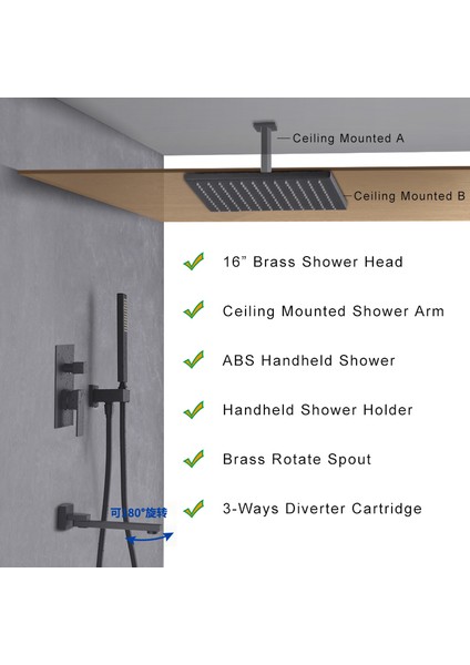 Banyo Bataryası Ankastre Duş Seti Mat Siyah 30 x 30 Tepe Duş Yeni Ürün modelleri