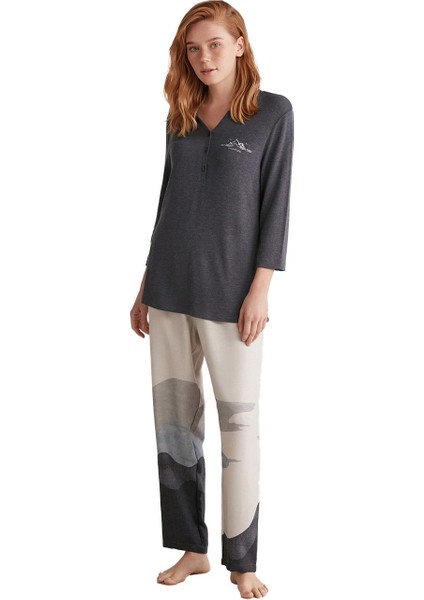 Kadın Yumuşak Dokulu Uzun Kollu Lacivert Pijama Takımı W604