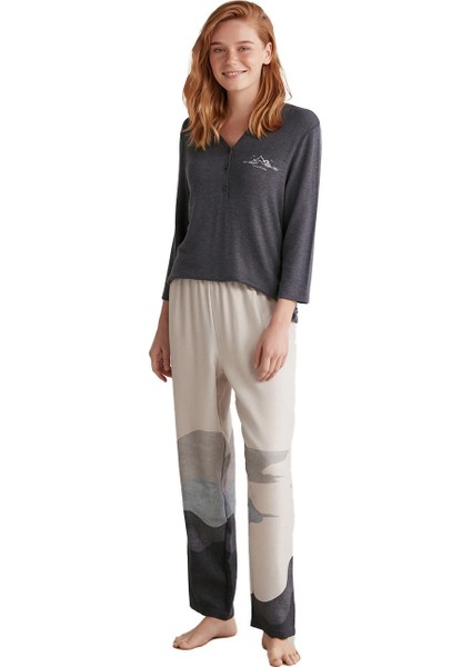 Kadın Yumuşak Dokulu Uzun Kollu Lacivert Pijama Takımı W604 fiyatları