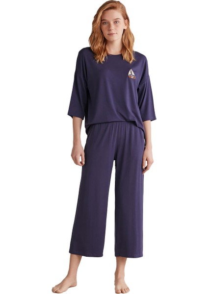 Kadın Yumuşak Dokulu Truvakar Kol Mor Pijama Takımı