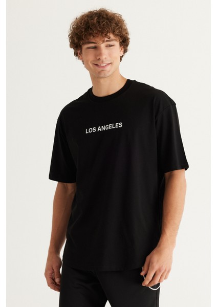 Erkek Siyah Long Fit %100 Pamuk Oval Kesim Bisiklet Yaka Los Angeles Baskılı Tişört