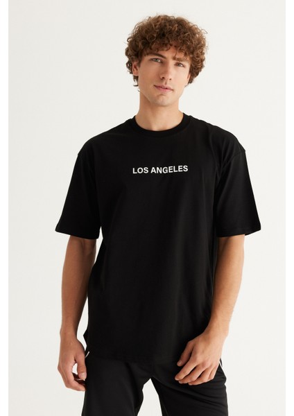 Erkek Siyah Long Fit %100 Pamuk Oval Kesim Bisiklet Yaka Los Angeles Baskılı Tişört fiyatları