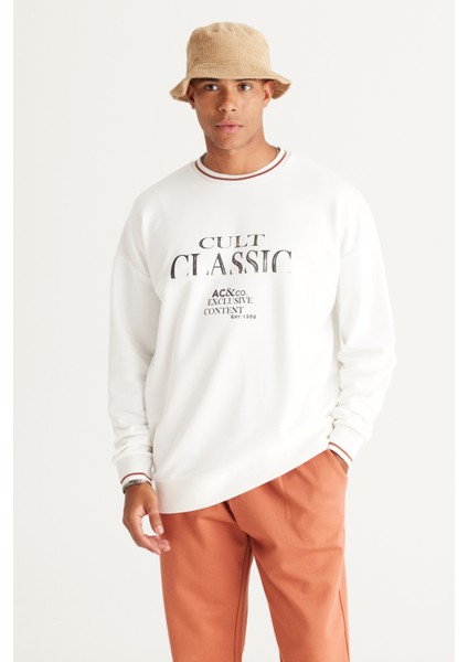 Erkek Kırık Beyaz Oversize Bol Kesim Içi Polarlı 3 Iplik Bisiklet Yaka Pamuklu Sweatshirt