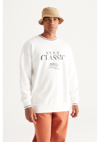Erkek Kırık Beyaz Oversize Bol Kesim Içi Polarlı 3 Iplik Bisiklet Yaka Pamuklu Sweatshirt