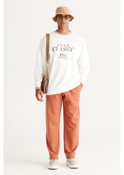 Erkek Kırık Beyaz Oversize Bol Kesim Içi Polarlı 3 Iplik Bisiklet Yaka Pamuklu Sweatshirt