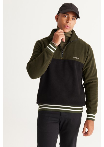 Erkek Haki-siyah Standart Fit Normal Kesim Dik Bato Yaka Desenli Polar Sweatshirt