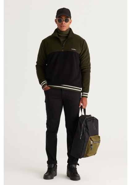 Erkek Haki-siyah Standart Fit Normal Kesim Dik Bato Yaka Desenli Polar Sweatshirt