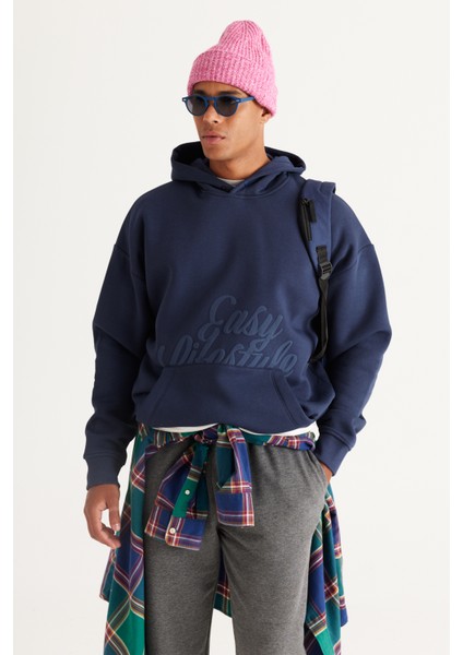 Erkek Indigo Oversize Fit Bol Kesim Kapüşonlu Içi Polarlı 3 Iplik Baskılı Sweatshirt