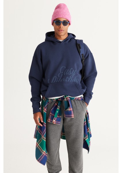 Erkek Indigo Oversize Fit Bol Kesim Kapüşonlu Içi Polarlı 3 Iplik Baskılı Sweatshirt