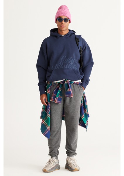 Erkek Indigo Oversize Fit Bol Kesim Kapüşonlu Içi Polarlı 3 Iplik Baskılı Sweatshirt