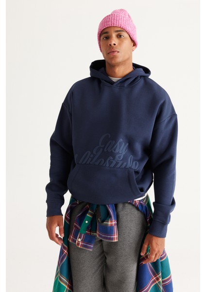 Erkek Indigo Oversize Fit Bol Kesim Kapüşonlu Içi Polarlı 3 Iplik Baskılı Sweatshirt