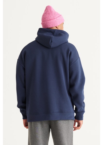 Erkek Indigo Oversize Fit Bol Kesim Kapüşonlu Içi Polarlı 3 Iplik Baskılı Sweatshirt