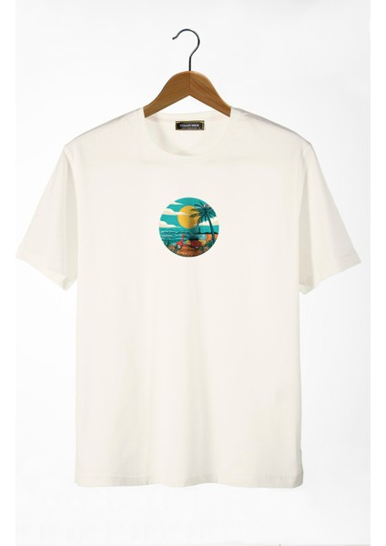 Unisex Ekru Bisiklet Yaka Önü Scooter Baskılı Oversize T-Shirt 22Y-3400762-67