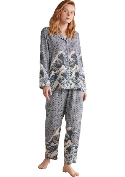 Kadın Lux Mood Uzun Kollu Indigo Pijama Takımı