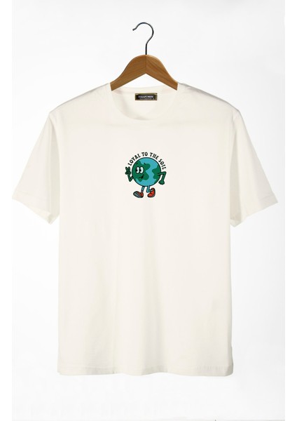 Unisex Ekru Bisiklet Yaka Önü Dünya Baskılı Oversize T-Shirt 22Y-3400762-65