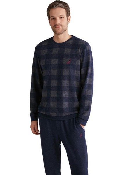 Erkek Ekoseli Pijama Uzun Kollu Lacivert Pijama Takımı