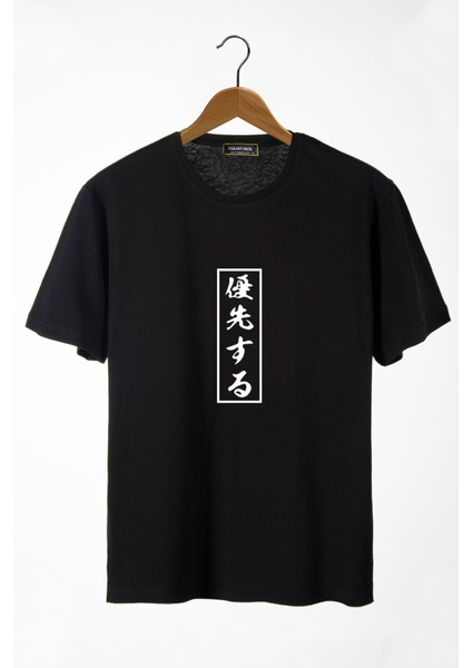 Erkek Siyah Japonca Harf Baskılı Bisiklet Yaka Oversize T-Shirt 22Y-3400762-3