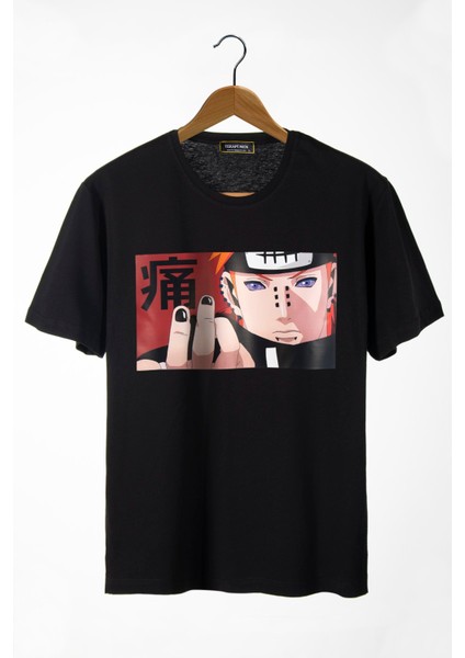 Unisex Siyah Bisiklet Yaka Önü Anime Baskılı Oversize T-Shirt 22Y-3400762-64-3