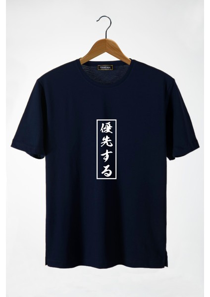 Erkek Lacivert Japonca Harf Baskılı Bisiklet Yaka Oversize T-Shirt 22Y-3400762-3