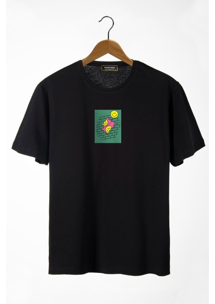 Unisex Siyah Bisiklet Yaka Önü Smiley Baskılı Oversize T-Shirt 22Y-3400762-64