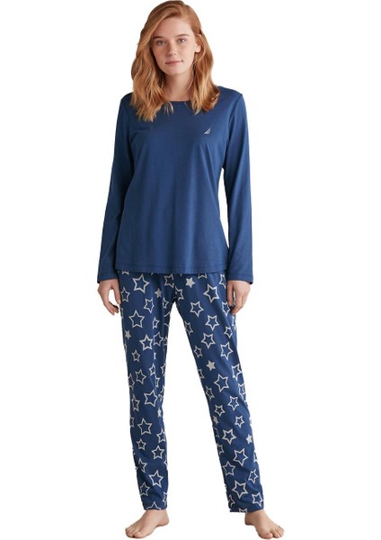 Kadın Yumuşak Dokulu Uzun Kollu Lacivert Pijama Takımı W619