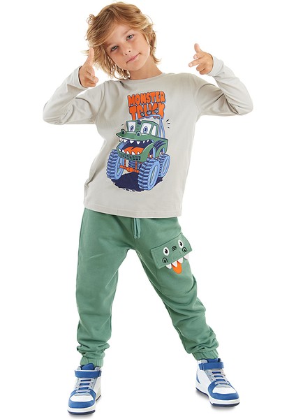Canavar Kamyon Erkek Çocuk Gri T-Shirt Haki Pantolon Takım