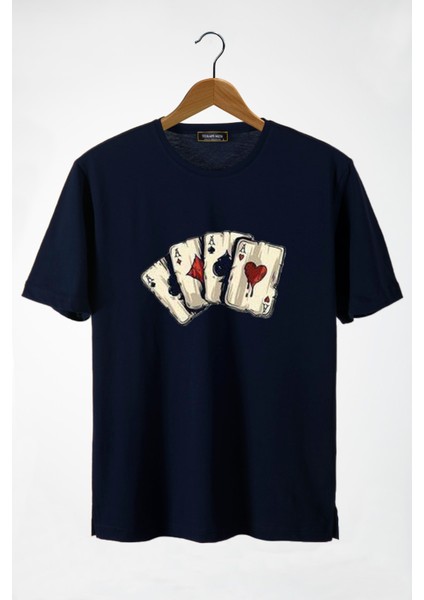 Erkek Lacivert Iskambil Kağıdı Baskılı Bisiklet Yaka Oversize T-Shirt 22Y-3400762-2