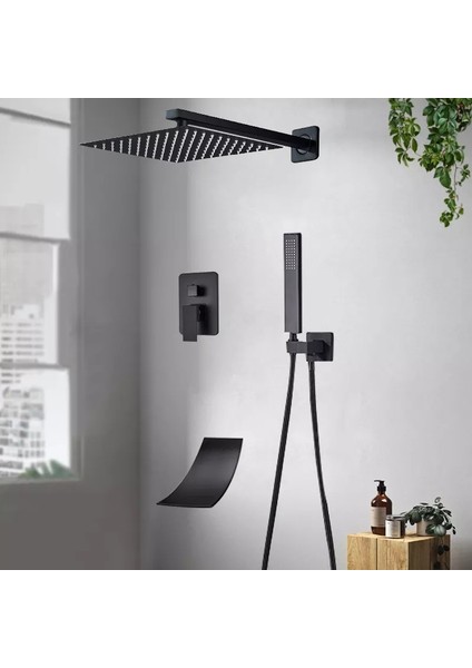 Banyo Bataryası Ankastre Duş Seti Mat Siyah 30 x 30 Cm Tepe Duş Yeni Şelale Ürün