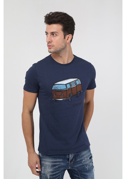Erkek Baskılı Slim Fit Bisiklet Yaka T-Shirt 20K-3400627-1 Lacivert