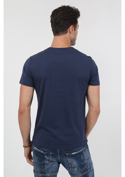 Erkek Baskılı Slim Fit Bisiklet Yaka T-Shirt 20K-3400627-1 Lacivert