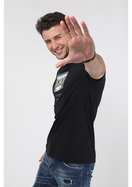 Erkek Baskılı Trend T-Shirt 20K-3400625-1 Siyah