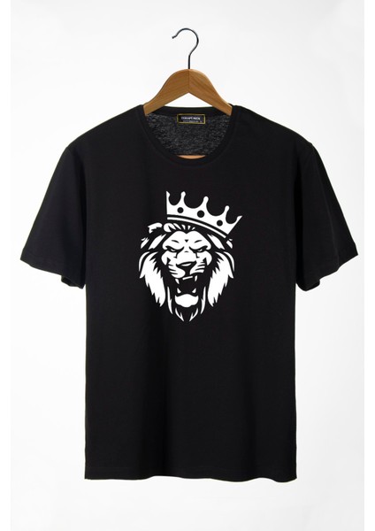 Erkek Siyah Aslan Baskılı Bisiklet Yaka Oversize Rahat Kalıp Basic T-Shirt 22Y-3400761-2