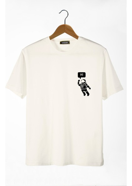 Erkek Ekru Astronot Baskılı Bisiklet Yaka Oversize Rahat Kalıp Basic T-Shirt 22Y-3400761-3