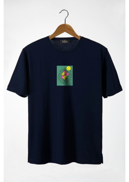 Unisex Lacivert Bisiklet Yaka Önü Smiley Baskılı Oversize T-Shirt 22Y-3400762-64