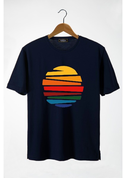 Erkek Lacivert Güneş Baskılı Bisiklet Yaka Oversize T-Shirt 22Y-3400762-1