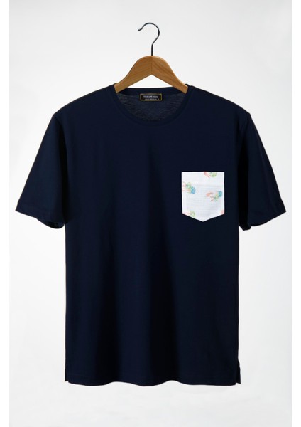 Erkek Lacivert Bisiklet Yaka Cepli Oversize T-Shirt 22Y-3400762-44