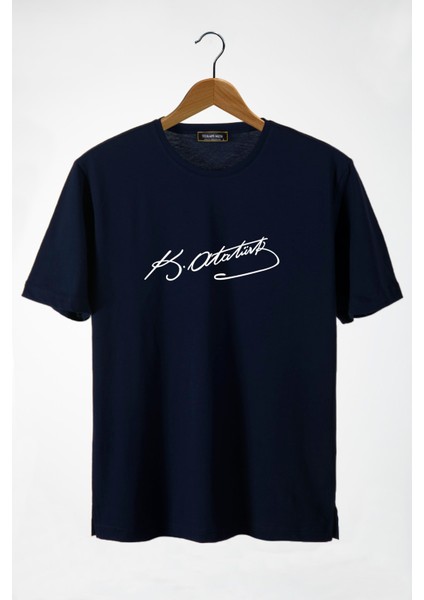 Erkek Lacivert Önü Atatürk Imza Baskılı Bisiklet Yaka Oversize T-Shirt 22Y-3400762-55