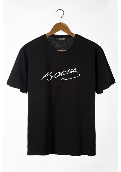 Erkek Siyah Önü Atatürk Imza Baskılı Bisiklet Yaka Oversize T-Shirt 22Y-3400762-55