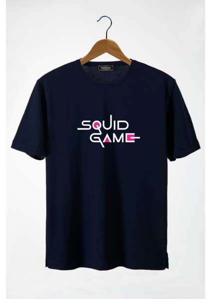 Erkek Lacivert Önü Squid Game Baskılı Bisiklet Yaka Oversize T-Shirt 22Y-3400762-59