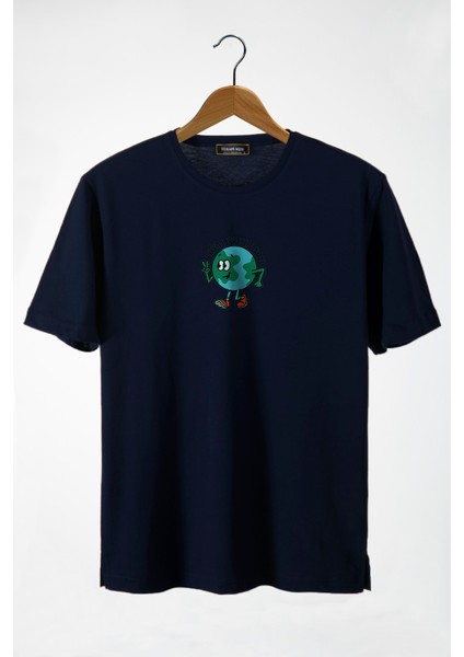 Unisex Lacivert Bisiklet Yaka Önü Dünya Baskılı Oversize T-Shirt 22Y-3400762-65