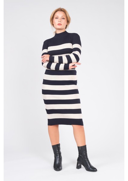 Kadın Kemerli Çizgili Triko Elbise Lacivert fiyatları