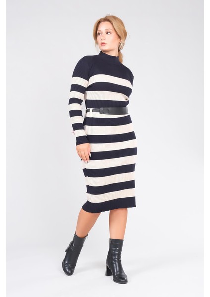 Kadın Kemerli Çizgili Triko Elbise Lacivert modelleri