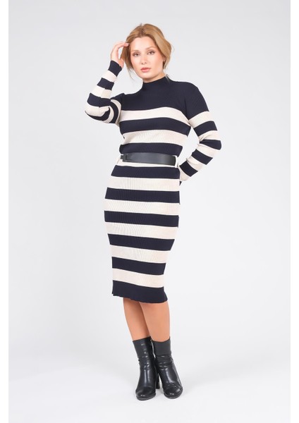 Kadın Kemerli Çizgili Triko Elbise Lacivert fırsatları