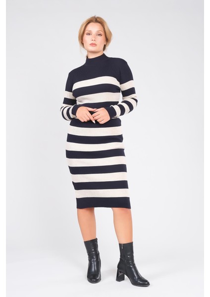 Kadın Kemerli Çizgili Triko Elbise Lacivert indirimleri